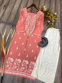 FWBE COTTON THREAD EMBROIDERED WORK AND WORK KURTI WITH PLAZO - M-38, Sweet Pink