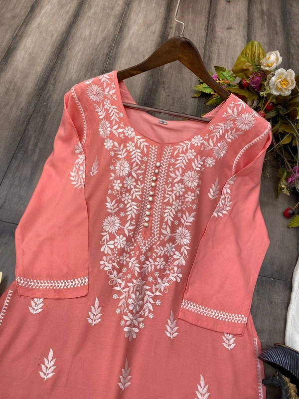 FWBE COTTON THREAD EMBROIDERED WORK AND WORK KURTI WITH PLAZO - M-38, Sweet Pink