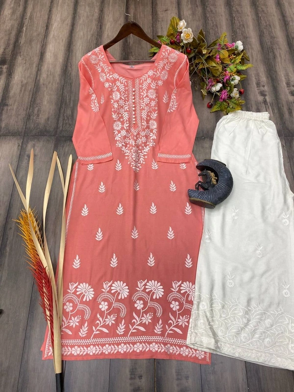 FWBE COTTON THREAD EMBROIDERED WORK AND WORK KURTI WITH PLAZO - M-38, Sweet Pink