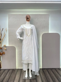 FWBE MASLIN TOP COTTON THREAD EMBROIDERED  AND WORK PLAZO WITH DUPATTA - M-38, White
