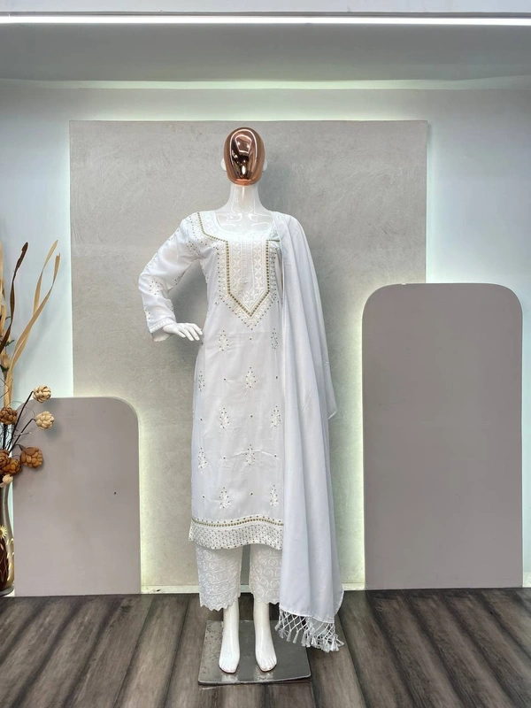 FWBE MASLIN TOP COTTON THREAD EMBROIDERED  AND WORK PLAZO WITH DUPATTA - M-38, White