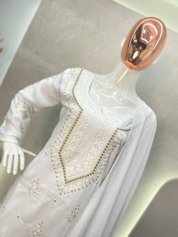 FWBE MASLIN TOP COTTON THREAD EMBROIDERED  AND WORK PLAZO WITH DUPATTA - M-38, White