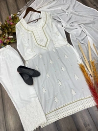 FWBE MASLIN TOP COTTON THREAD EMBROIDERED  AND WORK PLAZO WITH DUPATTA - M-38, White