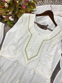 FWBE MASLIN TOP COTTON THREAD EMBROIDERED  AND WORK PLAZO WITH DUPATTA - M-38, White