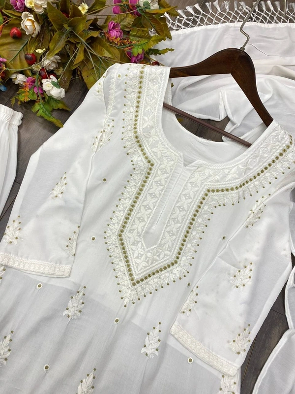 FWBE MASLIN TOP COTTON THREAD EMBROIDERED  AND WORK PLAZO WITH DUPATTA - M-38, White