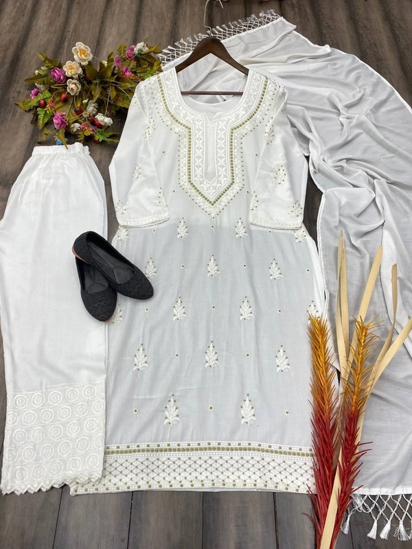 FWBE MASLIN TOP COTTON THREAD EMBROIDERED  AND WORK PLAZO WITH DUPATTA - M-38, White