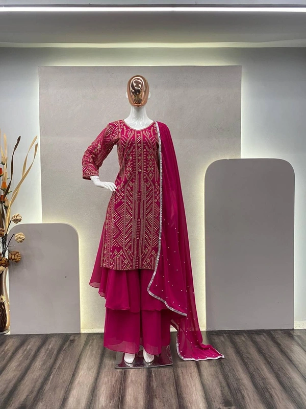 FWBE SEQUENCE EMBROIDERY WORK SUIT FANCY RUFFLE PLAZO AND DUPATTA - M-38, Hot Pink