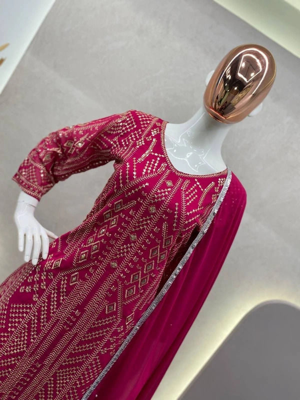 FWBE SEQUENCE EMBROIDERY WORK SUIT FANCY RUFFLE PLAZO AND DUPATTA - M-38, Hot Pink