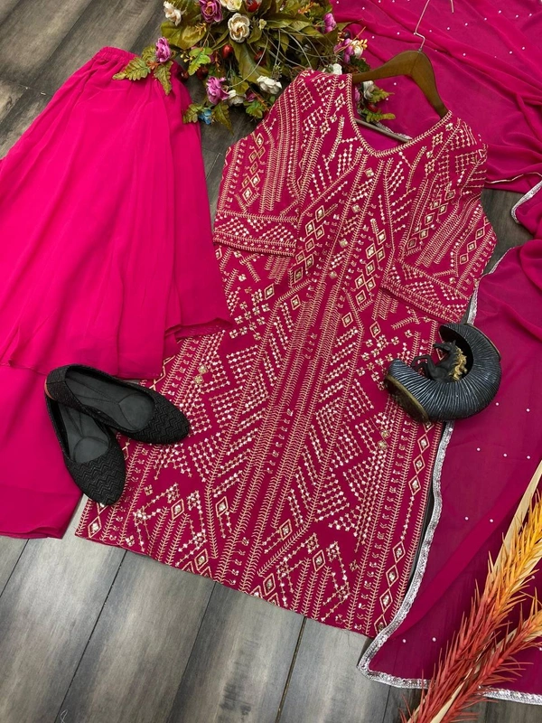 FWBE SEQUENCE EMBROIDERY WORK SUIT FANCY RUFFLE PLAZO AND DUPATTA - M-38, Hot Pink