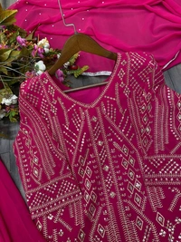 FWBE SEQUENCE EMBROIDERY WORK SUIT FANCY RUFFLE PLAZO AND DUPATTA - M-38, Hot Pink
