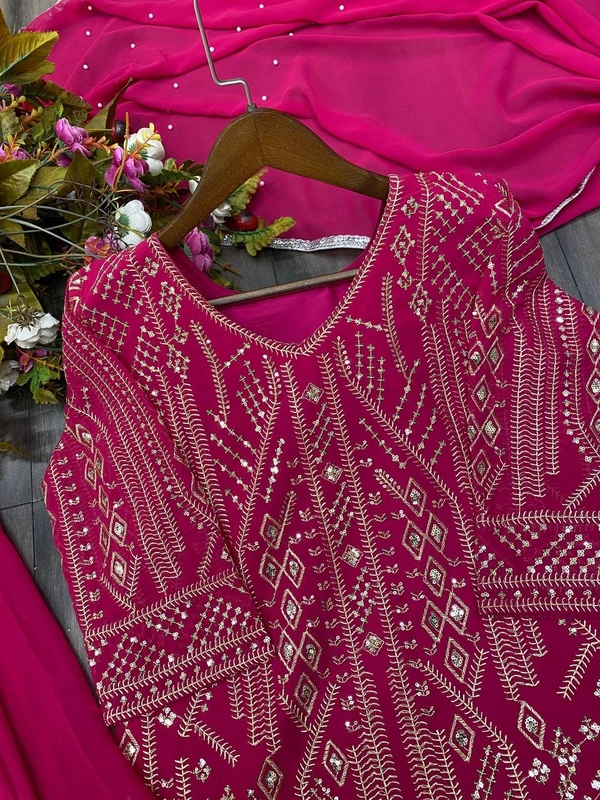 FWBE SEQUENCE EMBROIDERY WORK SUIT FANCY RUFFLE PLAZO AND DUPATTA - M-38, Hot Pink