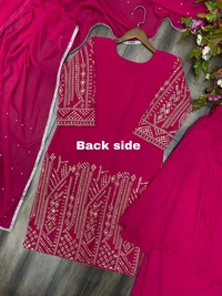 FWBE SEQUENCE EMBROIDERY WORK SUIT FANCY RUFFLE PLAZO AND DUPATTA - M-38, Hot Pink