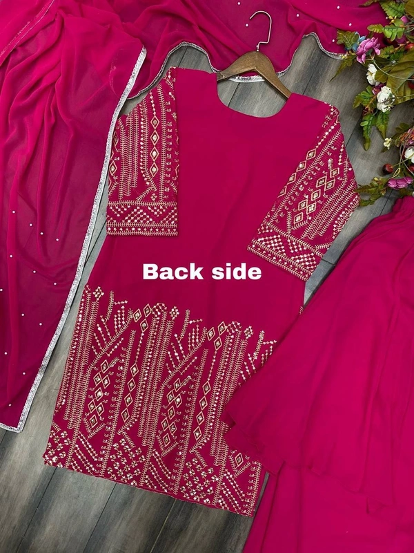 FWBE SEQUENCE EMBROIDERY WORK SUIT FANCY RUFFLE PLAZO AND DUPATTA - M-38, Hot Pink