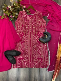 FWBE SEQUENCE EMBROIDERY WORK SUIT FANCY RUFFLE PLAZO AND DUPATTA - M-38, Hot Pink