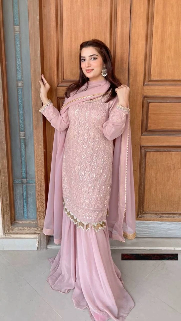 FWBE EMBROIDERY WORK SUIT WITH STITCHED SARARA AND DUPATTA - M-38, Pink