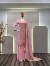 FWBE EMBROIDERY WORK SUIT WITH STITCHED SARARA AND DUPATTA - M-38, Pink
