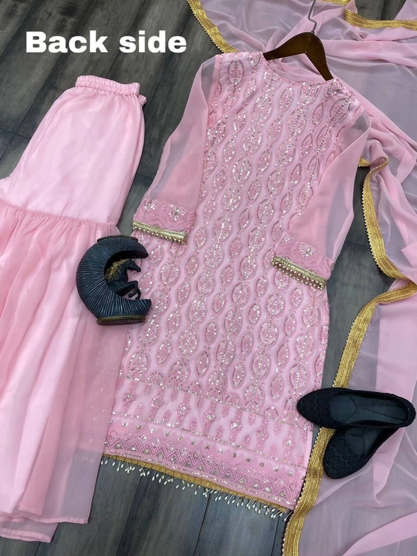 FWBE EMBROIDERY WORK SUIT WITH STITCHED SARARA AND DUPATTA - M-38, Pink