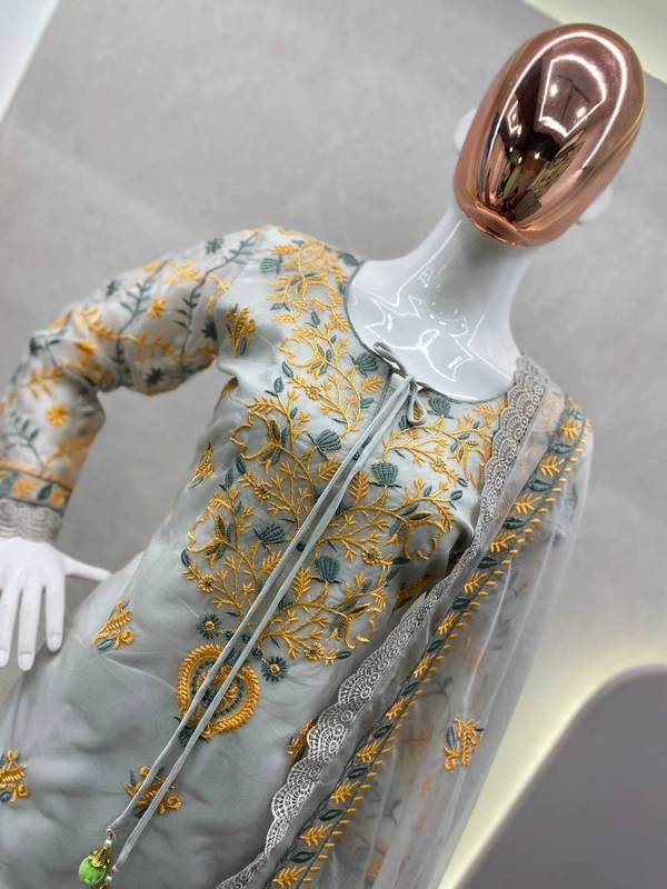 FWBE ORGANZA EMBROIDERY WORK SUIT WITH PANT AND WORK DUPATTA - M-38, White