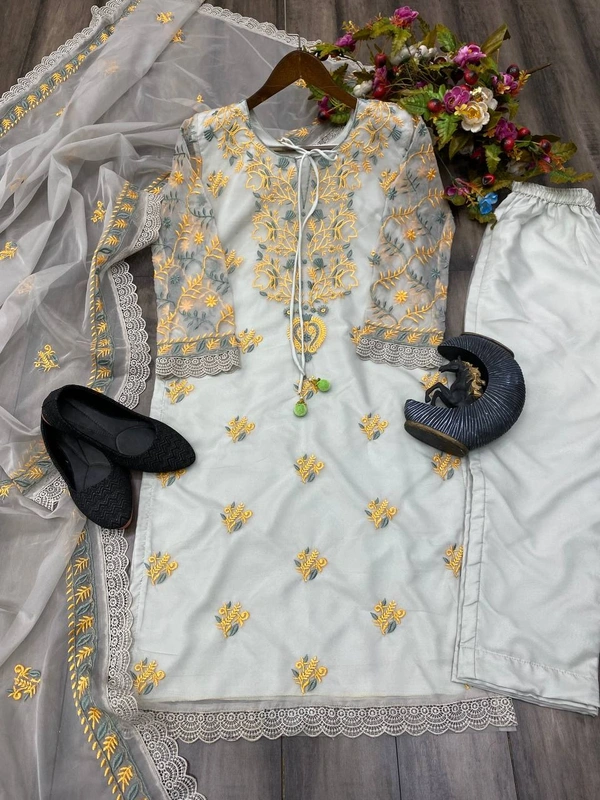 FWBE ORGANZA EMBROIDERY WORK SUIT WITH PANT AND WORK DUPATTA - M-38, White