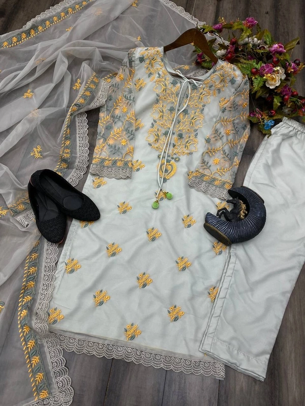 FWBE ORGANZA EMBROIDERY WORK SUIT WITH PANT AND WORK DUPATTA - M-38, White