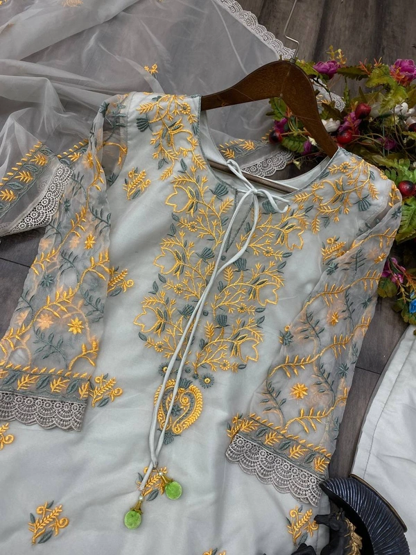 FWBE ORGANZA EMBROIDERY WORK SUIT WITH PANT AND WORK DUPATTA - M-38, White
