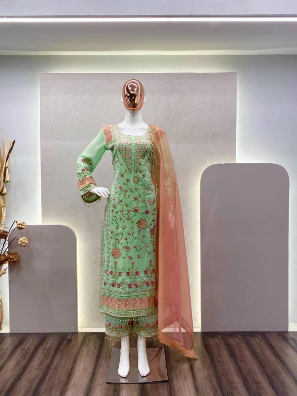 FWBE SEQUANCE EMBROIDERY WORK SUIT WITH STITCHED PANT AND DUPATTA - M-38, Pastel Green