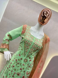 FWBE SEQUANCE EMBROIDERY WORK SUIT WITH STITCHED PANT AND DUPATTA - M-38, Pastel Green