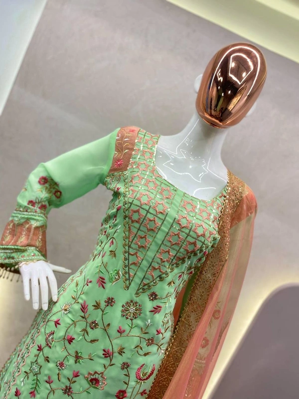 FWBE SEQUANCE EMBROIDERY WORK SUIT WITH STITCHED PANT AND DUPATTA - M-38, Pastel Green