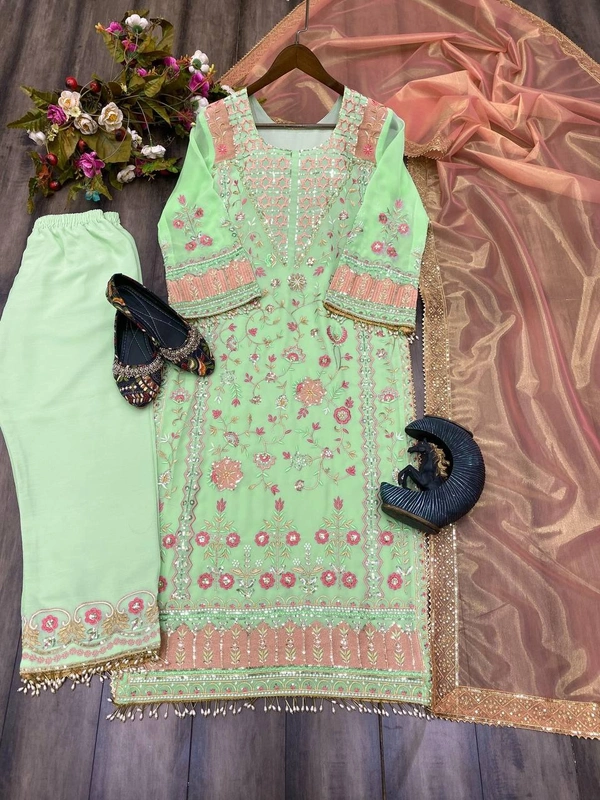 FWBE SEQUANCE EMBROIDERY WORK SUIT WITH STITCHED PANT AND DUPATTA - M-38, Pastel Green