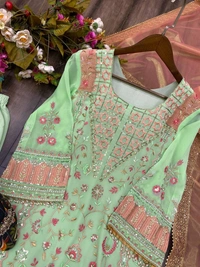 FWBE SEQUANCE EMBROIDERY WORK SUIT WITH STITCHED PANT AND DUPATTA - M-38, Pastel Green