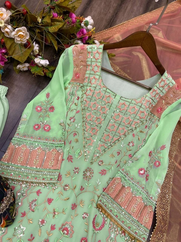 FWBE SEQUANCE EMBROIDERY WORK SUIT WITH STITCHED PANT AND DUPATTA - M-38, Pastel Green