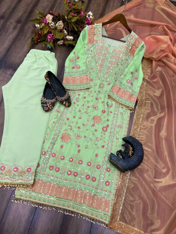 FWBE SEQUANCE EMBROIDERY WORK SUIT WITH STITCHED PANT AND DUPATTA - M-38, Pastel Green