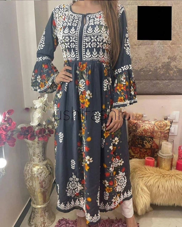 FWBE REYON TOP PRINTED WITH COTTON THREAD EMBROIDERED WORK AND WORK PLAZO - XL-42, Tealish Blue