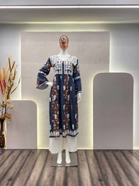 FWBE REYON TOP PRINTED WITH COTTON THREAD EMBROIDERED WORK AND WORK PLAZO - XL-42, Tealish Blue