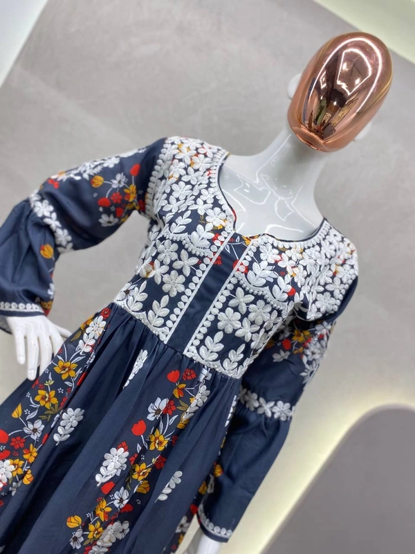 FWBE REYON TOP PRINTED WITH COTTON THREAD EMBROIDERED WORK AND WORK PLAZO - XL-42, Tealish Blue