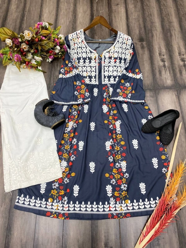 FWBE REYON TOP PRINTED WITH COTTON THREAD EMBROIDERED WORK AND WORK PLAZO - XL-42, Tealish Blue