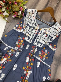 FWBE REYON TOP PRINTED WITH COTTON THREAD EMBROIDERED WORK AND WORK PLAZO - XL-42, Tealish Blue