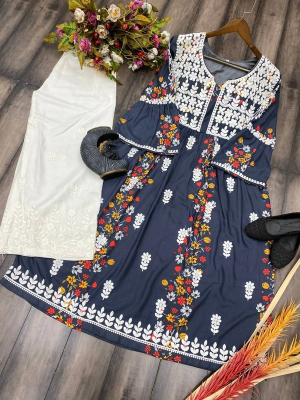 FWBE REYON TOP PRINTED WITH COTTON THREAD EMBROIDERED WORK AND WORK PLAZO - XL-42, Tealish Blue