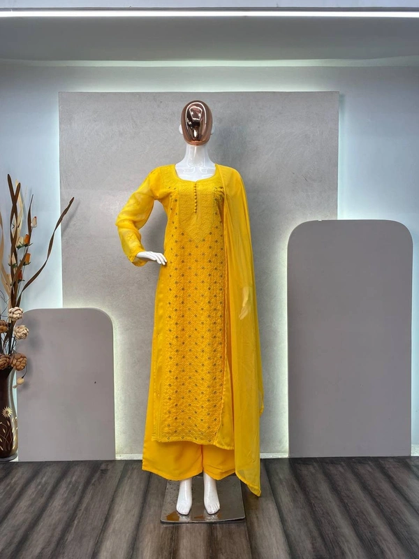 FWBE SIMPLE SOBER LOOK GEORGETTE TOP COTTON THREAD EMBROIDERED WORK PLAZO WITH DUPATTA - M-38, Yellow