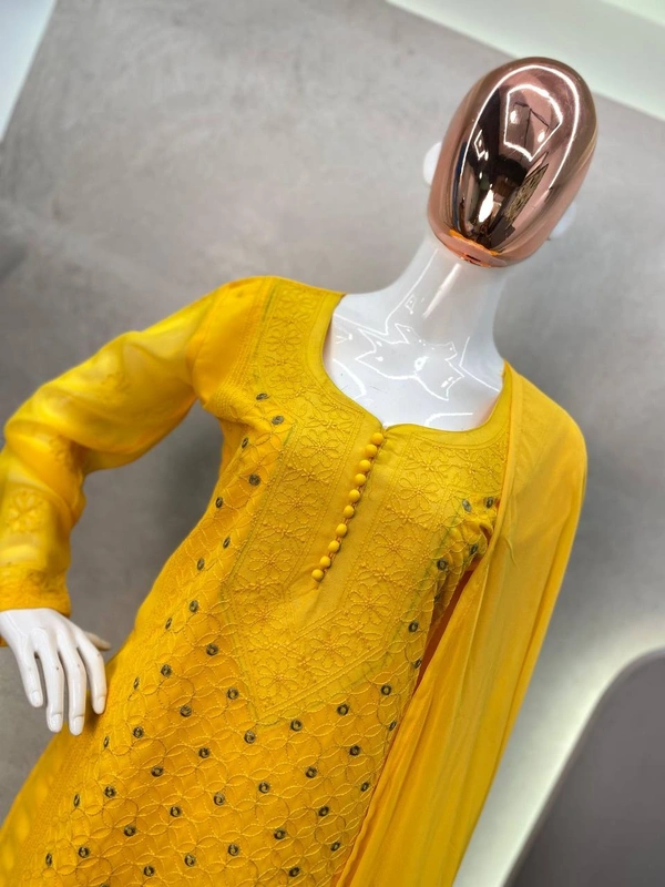 FWBE SIMPLE SOBER LOOK GEORGETTE TOP COTTON THREAD EMBROIDERED WORK PLAZO WITH DUPATTA - M-38, Yellow