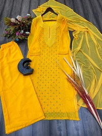 FWBE SIMPLE SOBER LOOK GEORGETTE TOP COTTON THREAD EMBROIDERED WORK PLAZO WITH DUPATTA - M-38, Yellow