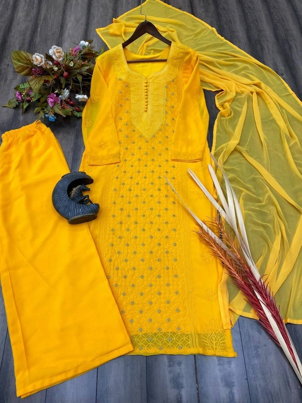 FWBE SIMPLE SOBER LOOK GEORGETTE TOP COTTON THREAD EMBROIDERED WORK PLAZO WITH DUPATTA - M-38, Yellow