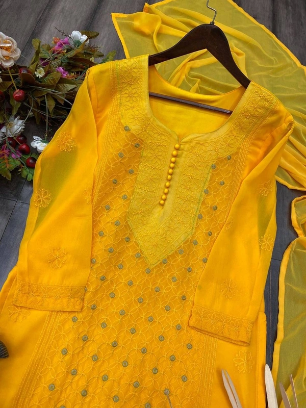 FWBE SIMPLE SOBER LOOK GEORGETTE TOP COTTON THREAD EMBROIDERED WORK PLAZO WITH DUPATTA - M-38, Yellow