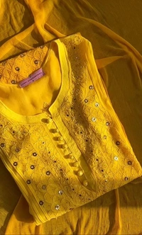 FWBE SIMPLE SOBER LOOK GEORGETTE TOP COTTON THREAD EMBROIDERED WORK PLAZO WITH DUPATTA - M-38, Yellow