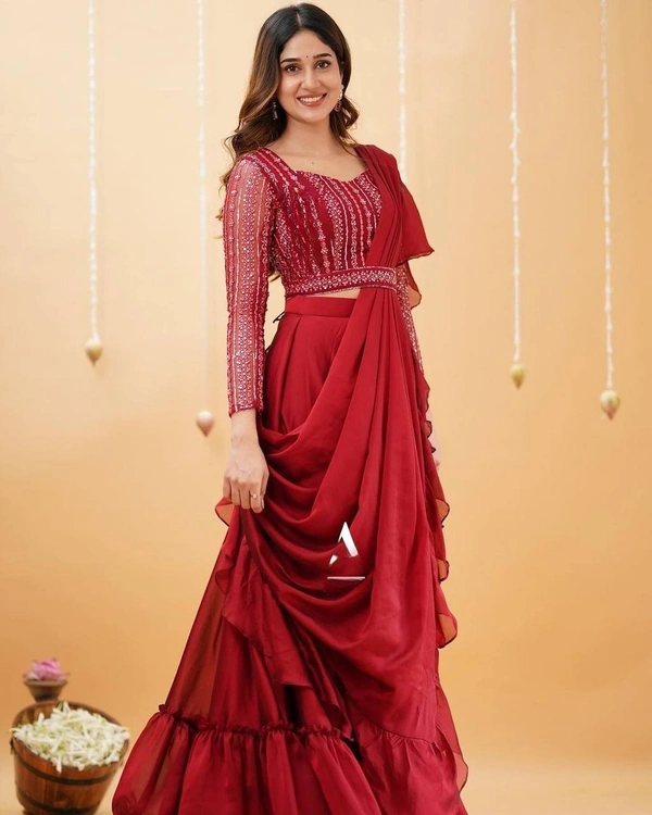 FWBE FANCY PARTY WEAR FAUX GEORGETTE WORK LEHENGA SAREE WITH HEAVY WORK BLOUSE AND BELT - XXL-44, Red Ribbon