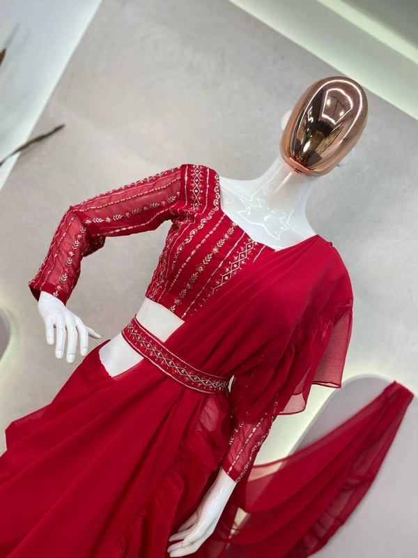 FWBE FANCY PARTY WEAR FAUX GEORGETTE WORK LEHENGA SAREE WITH HEAVY WORK BLOUSE AND BELT - XXL-44, Red Ribbon
