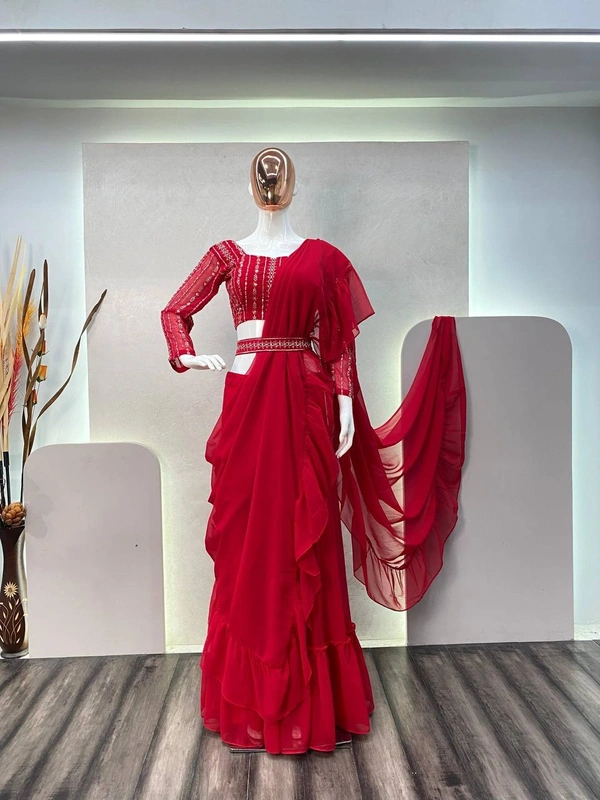 FWBE FANCY PARTY WEAR FAUX GEORGETTE WORK LEHENGA SAREE WITH HEAVY WORK BLOUSE AND BELT - XXL-44, Red Ribbon