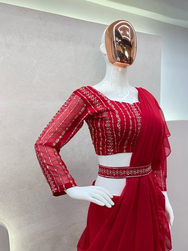 FWBE FANCY PARTY WEAR FAUX GEORGETTE WORK LEHENGA SAREE WITH HEAVY WORK BLOUSE AND BELT - XXL-44, Red Ribbon