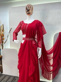 FWBE FANCY PARTY WEAR FAUX GEORGETTE WORK LEHENGA SAREE WITH HEAVY WORK BLOUSE AND BELT - XXL-44, Red Ribbon