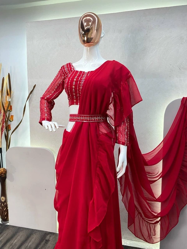 FWBE FANCY PARTY WEAR FAUX GEORGETTE WORK LEHENGA SAREE WITH HEAVY WORK BLOUSE AND BELT - XXL-44, Red Ribbon